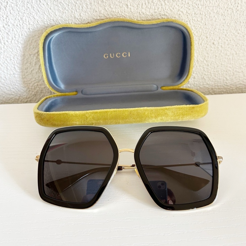 Gucci GG0106S Oversized Geometric Sunglasses Black Gold 56mm